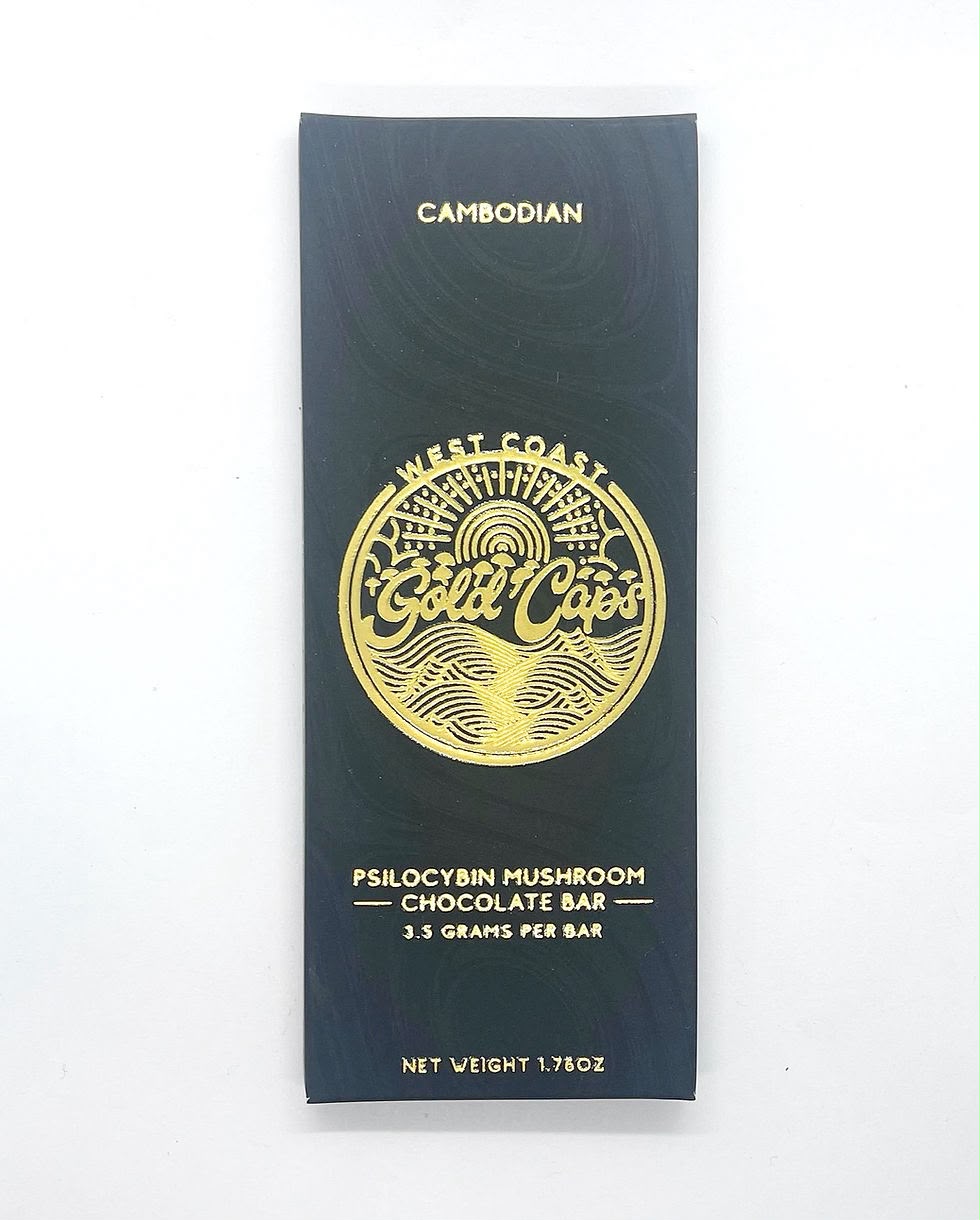 Buy West Coast Gold Caps - Cambodian Chocolate Bar 3.5g packaging and dark chocolate bar