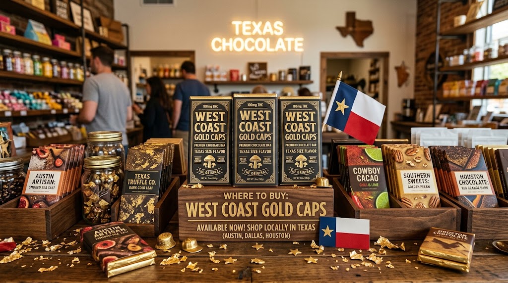 Where to Buy West Coast Gold Caps Chocolate Bars in Texas🍫✨